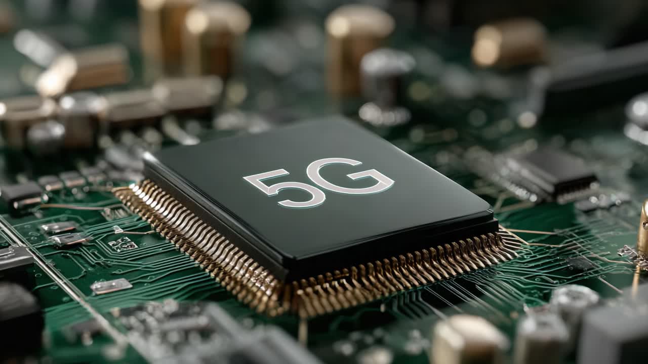 Alla scoperta della prossima generazione di connettività con un primo piano di un chip processore 5G circondato da componenti elettronici in un circuito stampato ad alta tecnologia