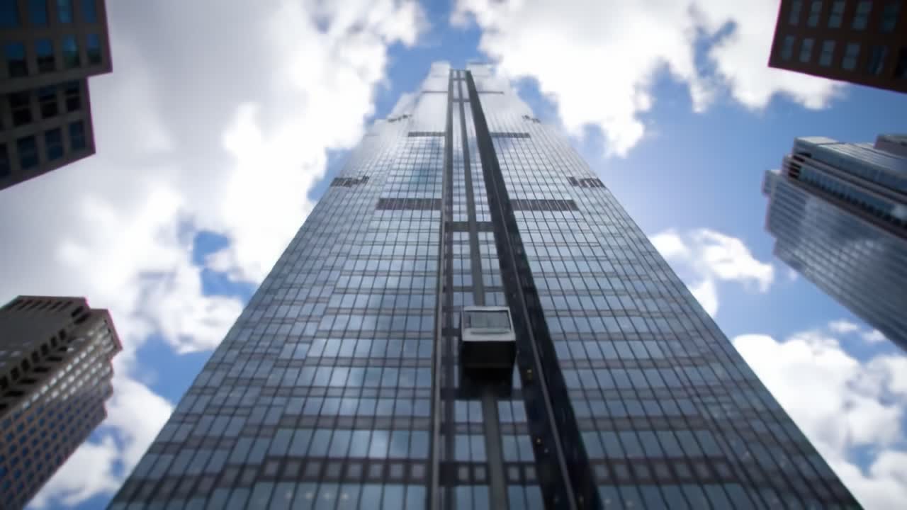 A remarkable view captures a tall skyscraper reaching skyward, surrounded by urban architecture and a vivid blue sky dotted with clouds. The perspective highlights its impressive height and design.