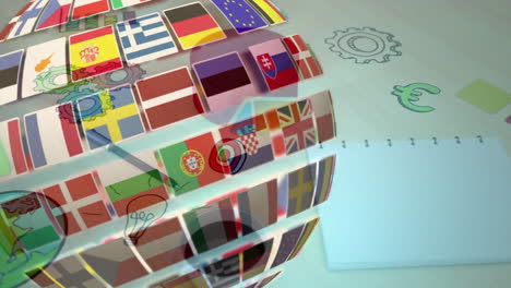 Animation of rotating cube with national flags over abstract technological background