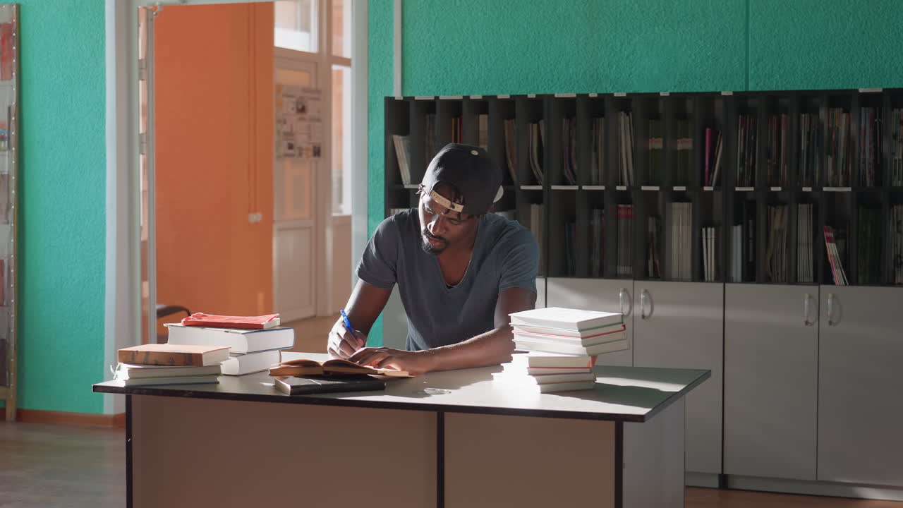 Un hombre con gorra sentado a un escritorio en una biblioteca iluminada por el sol, estudiando y escribiendo notas en un libro abierto rodeado de varias pilas de libros, con paredes coloridas y estanterías organizadas al fondo.