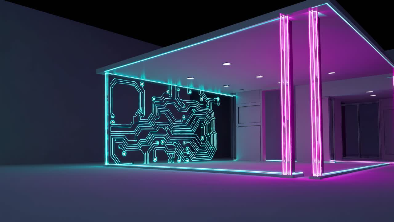 Futuristic video concept of a room with neon circuit patterns