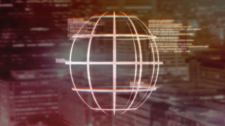 Animation of digital data processing over globe and citycsape