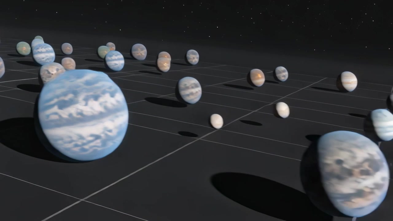 Panning virtual camera across dark grid, revealing planets showing textures and depth under light