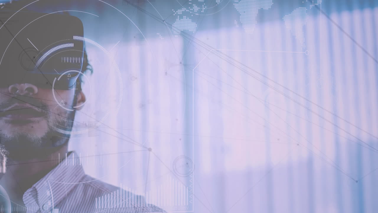 Animation of network of connections and scope over businessman wearing vr headset