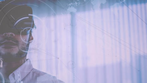 animación de la red de conexiones y alcance sobre el hombre de negocios que usa auriculares vr