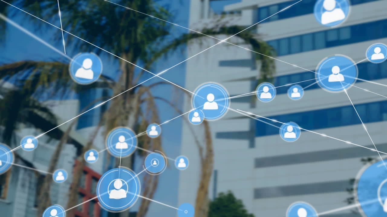 현대적인 사무실 건물 위의 아이콘과 연결 네트워크의 애니메이션