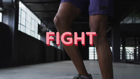 salto de cuerda en el gimnasio, lucha animación de texto sobre las piernas del atleta