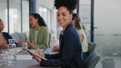 Black-woman,-tablet-and-portrait-in-office-meeting