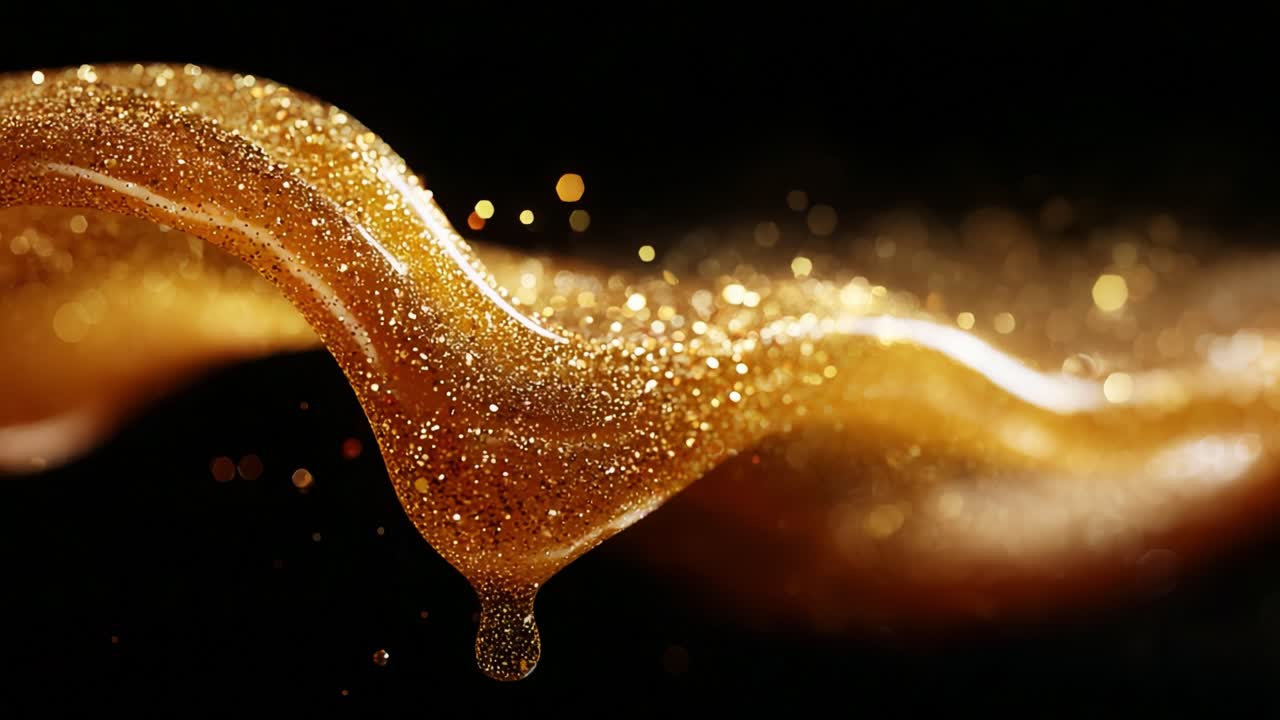 Captivating Stream of Glimmering Golden Liquid: A Close-Up Exploration of Shimmering Texture and Fluid Motion Captured in Stunning Detail