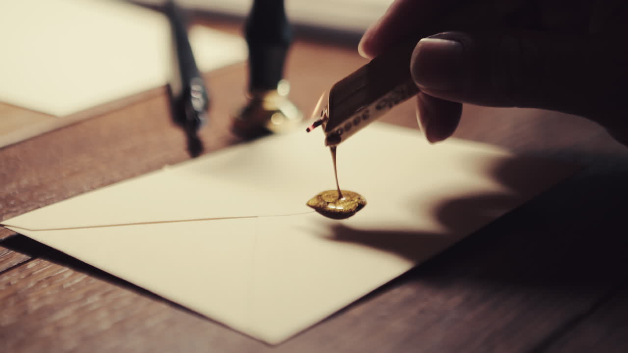 백인 손은 밀랍을 편지에 넣은 다음 밀랍 봉인을 뜨거운 밀랍에 눌러 편지를 봉인합니다