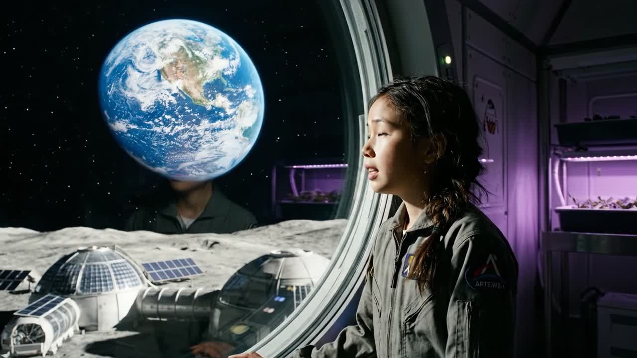Giovane astronauta guarda la Terra da una colonia lunare con display olografico