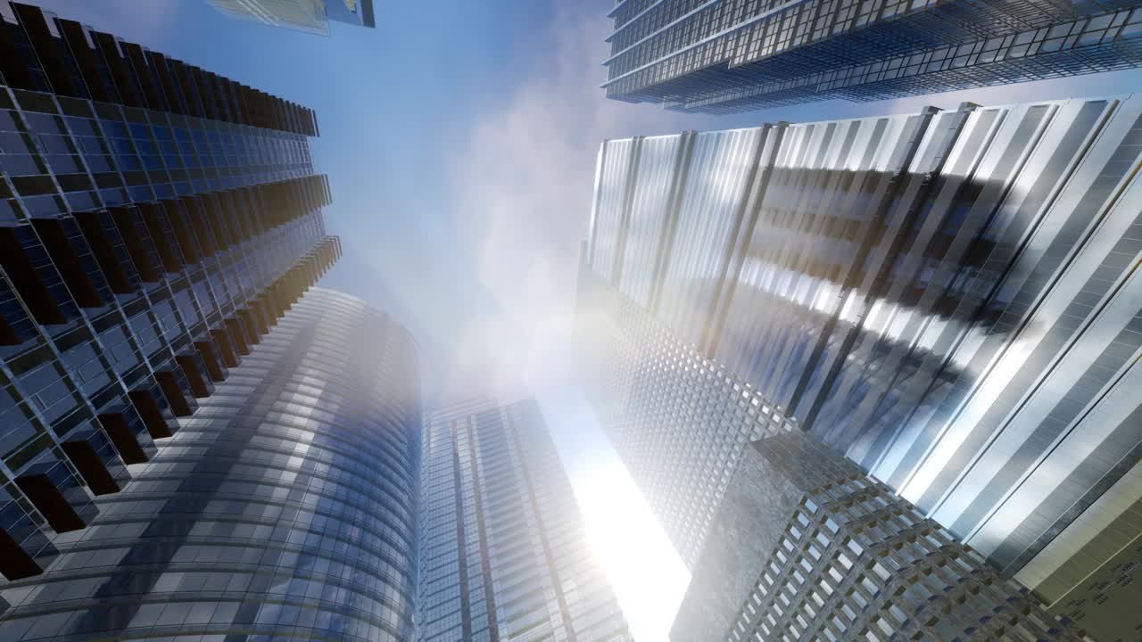 파란 하늘을 가진 마천루 비즈니스 사무실의 창문