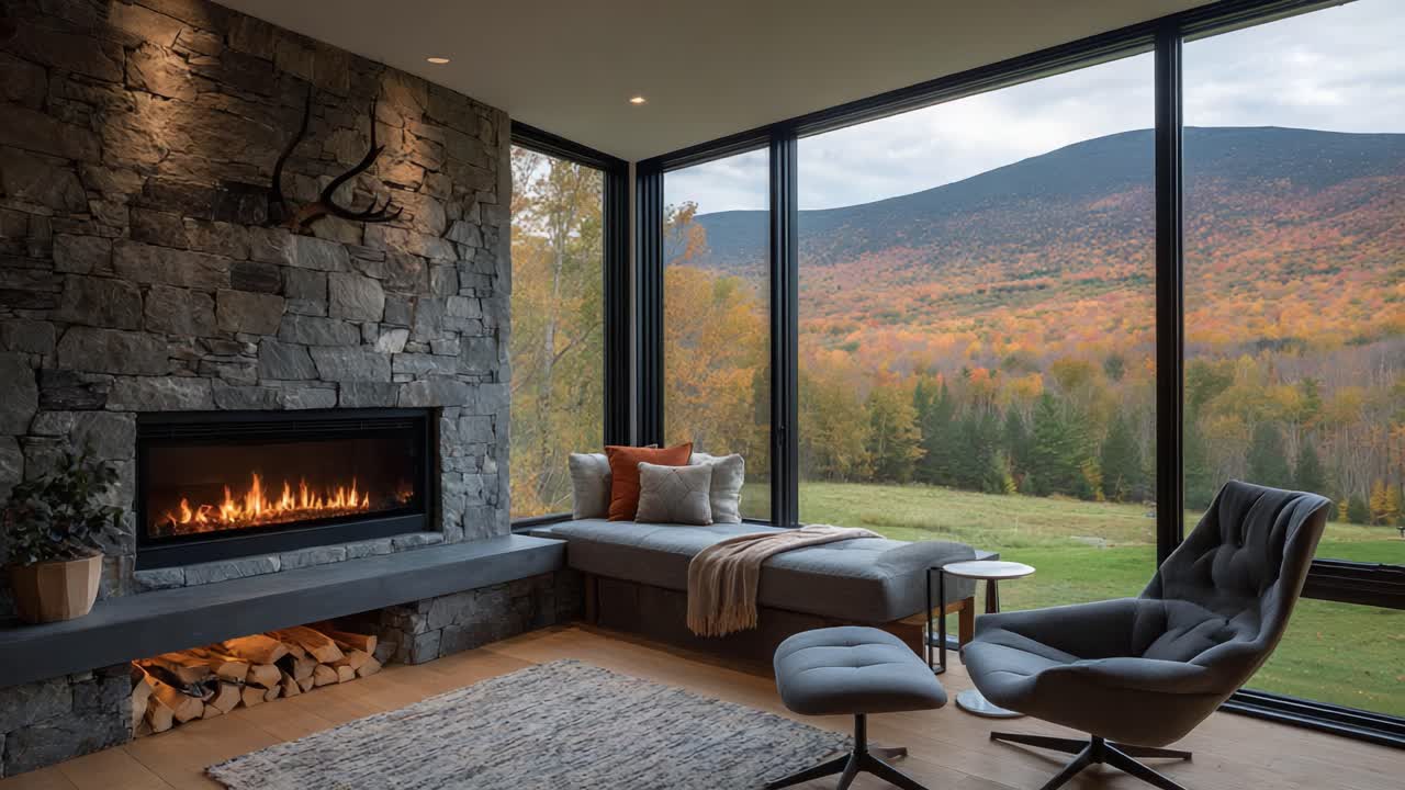 Cozy Autumn Retreat: A Modern Living Room with a Stone Fireplace and Scenic Mountain View Framed by Expansive Windows, Perfectly Capturing the Essence of Fall