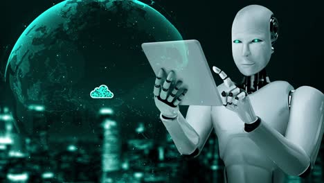 un robot humanoide utiliza la tecnología de computación en la nube para almacenar datos en un servidor en línea