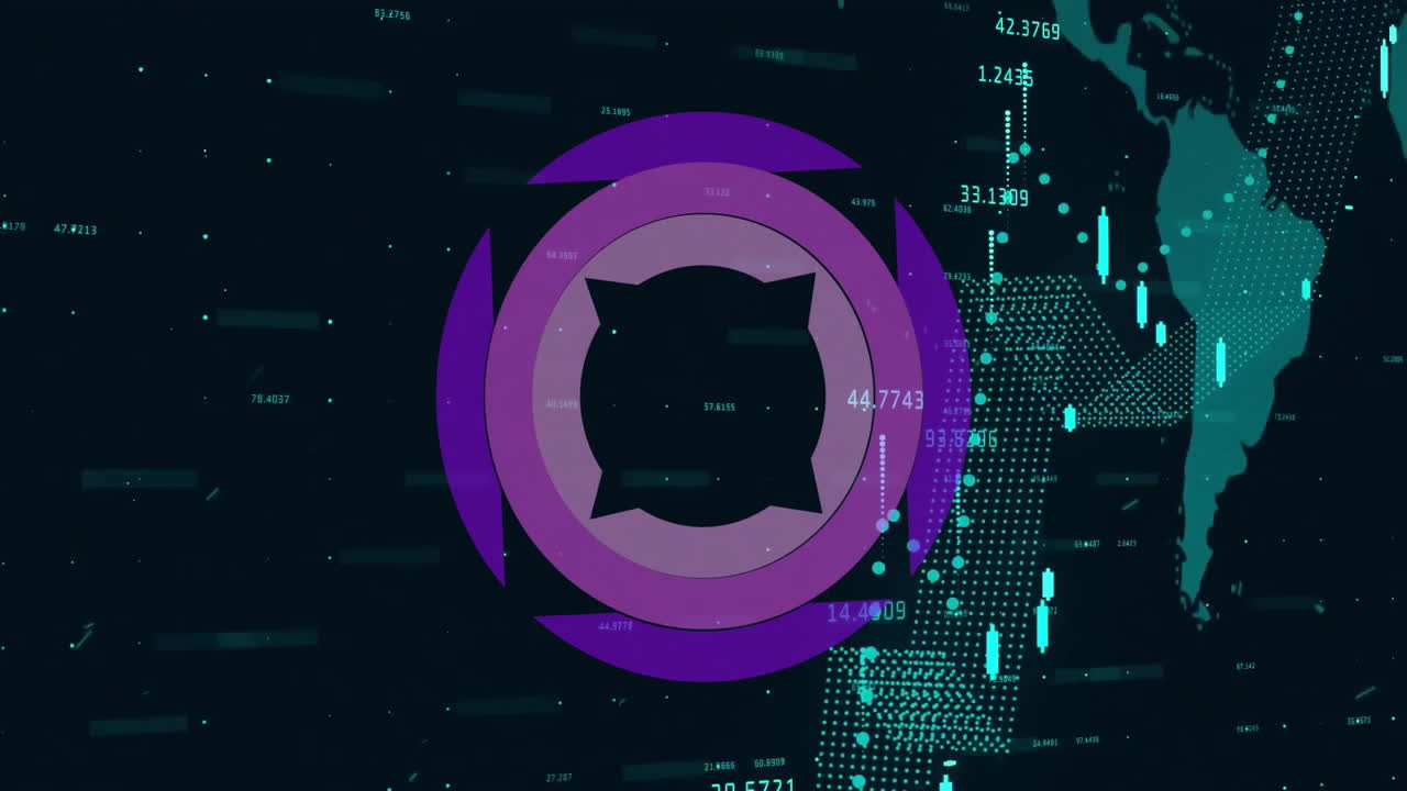 Animation of digital world map with data points and circular graphic overlay
