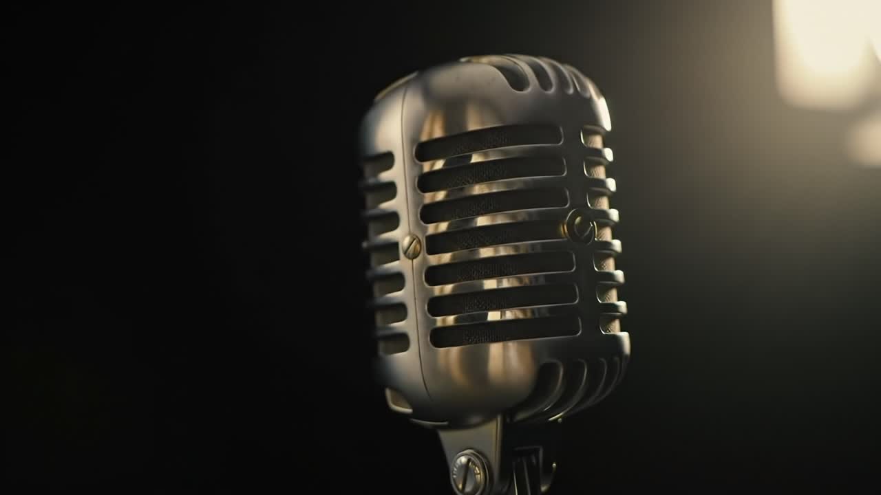 A Stunning Close-Up of a Classic Microphone Showcasing Its Unique Design and Shining Details in a Subtle, Dramatic Lighting Setting