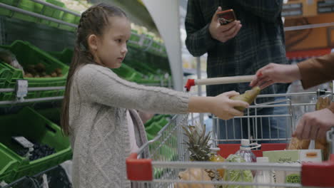 girl shopping for fruit with her father in a grocery store
