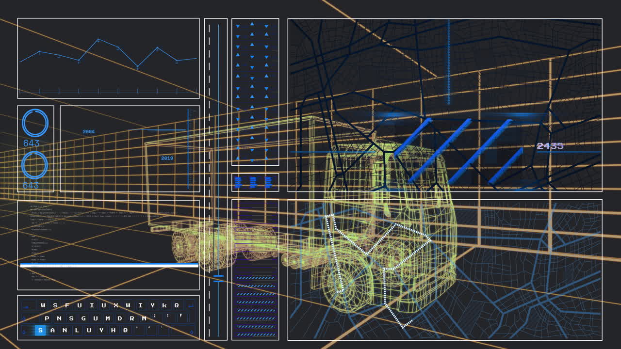 Digital data and graphs overlaying futuristic truck design on blueprint background