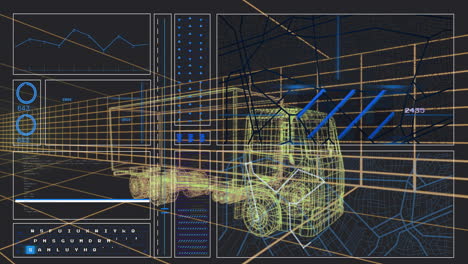 digital data and graphs overlaying futuristic truck design on blueprint background