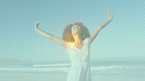 Animation-of-striped-patterns-over-biracial-young-woman-with-arms-outstretched-spinning-at-beach