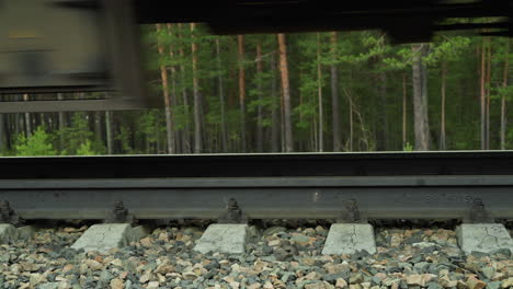 A close-up view of a train wheel passing over railroad tracks, the motion blur of the wheel conveys speed and movement, the tracks and gravel bed are clearly visible, with a forest background