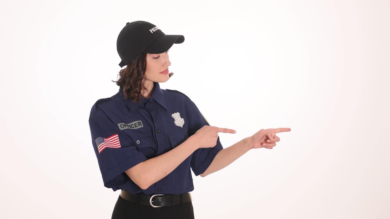 Woman Police Officer Gesturing and Pointing on White Background