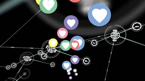 animación de las conexiones de red con iconos de globo y estadísticas