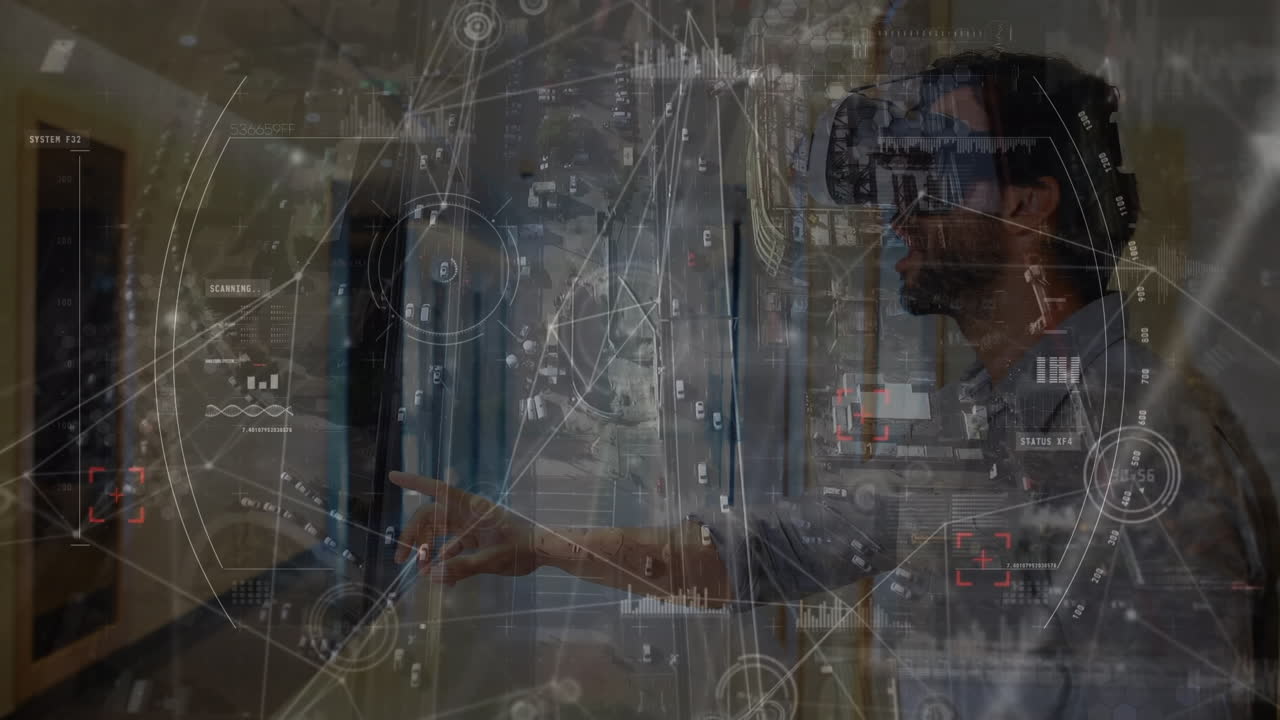 animación de la red de conexiones sobre el hombre caucásico usando auriculares vr