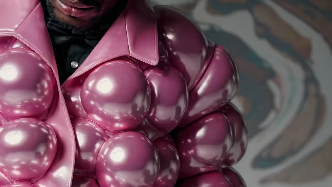 Stylish male model wearing vibrant pink bubble shaped jacket and sparkling rhinestone sunglasses, embodying contemporary fashion statement with bold artistic expression