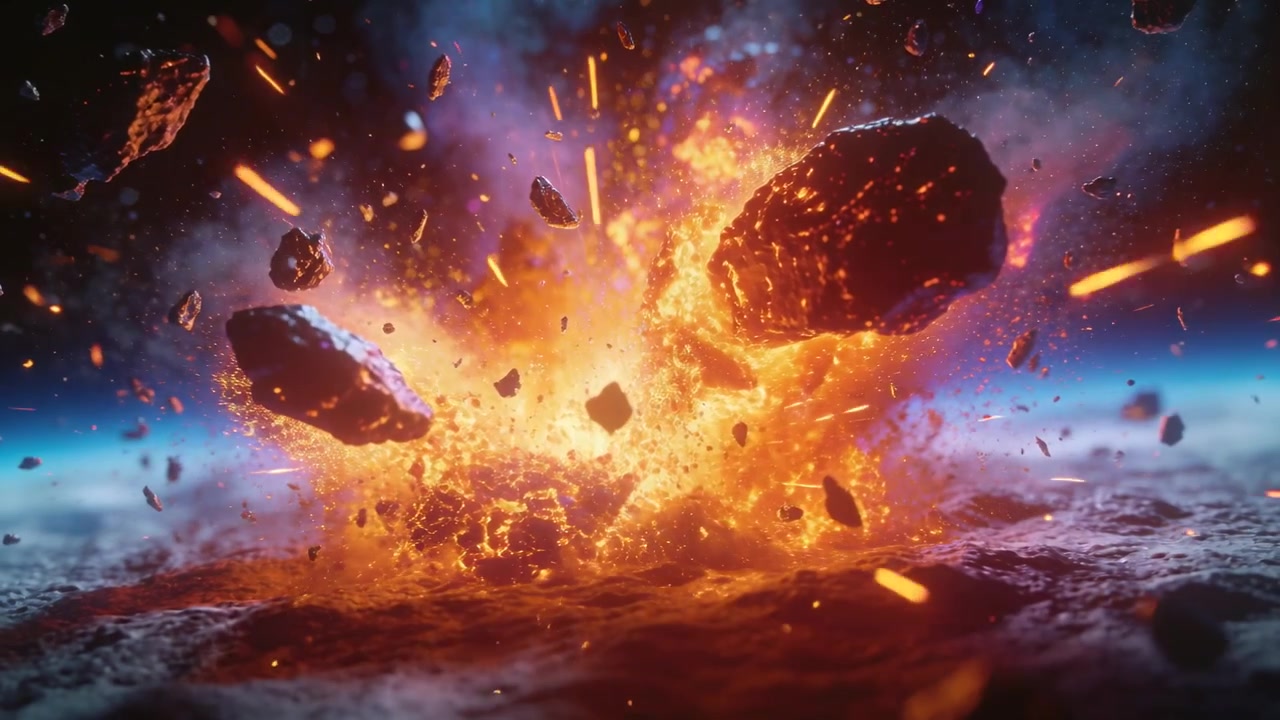 Meteoroide che impatta produce una brillante palla di fuoco su un orizzonte roccioso e blu, espellendo frammenti incandescenti fusi.