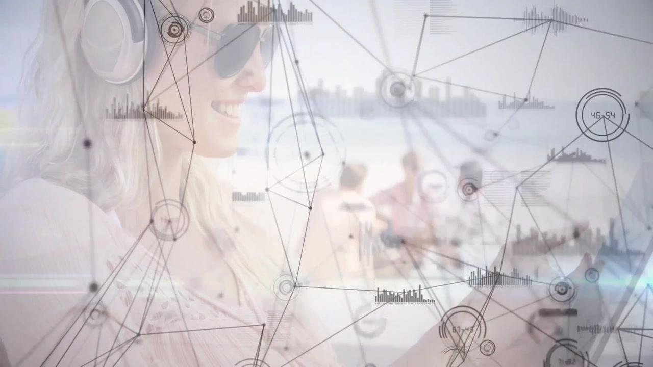 Woman lifting touchscreen and tapping, activating animated network graphs for beach tech demo