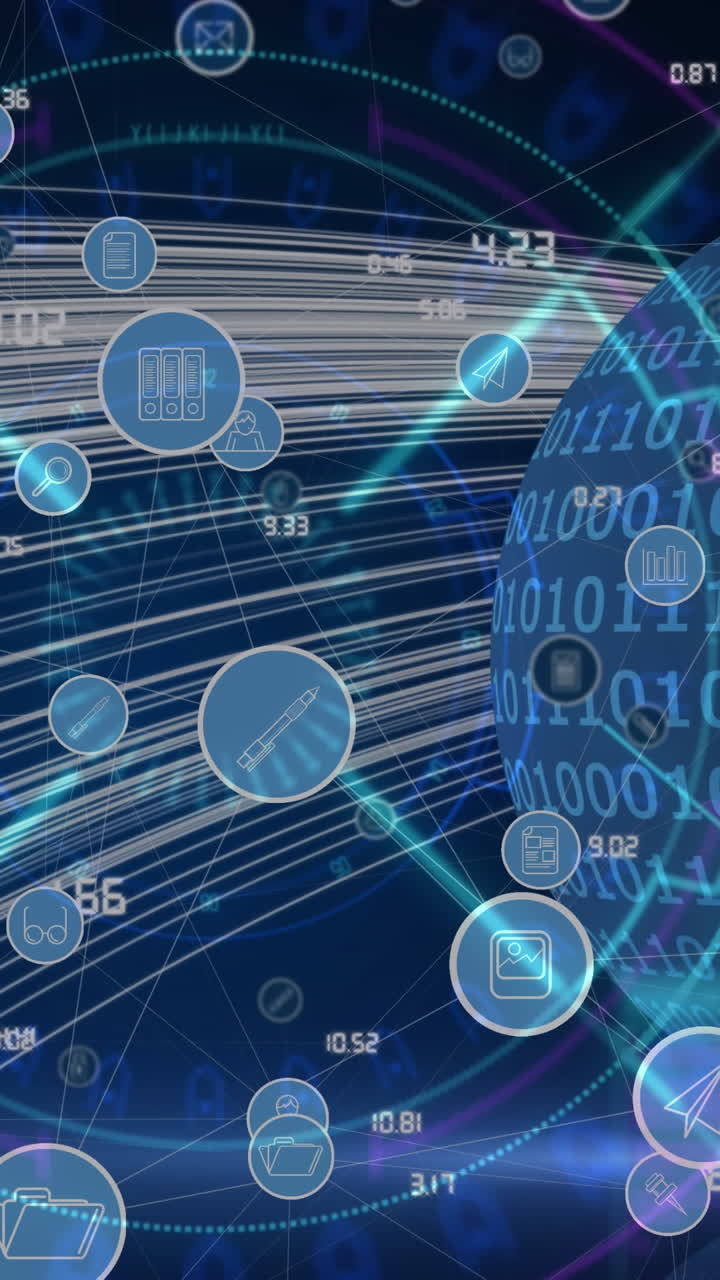 animación de la red de conexiones, iconos y procesamiento de datos en todo el mundo