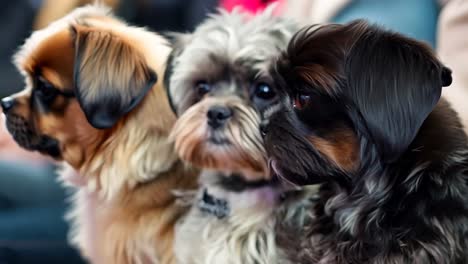 a group of small dogs sitting next to each other on a couch