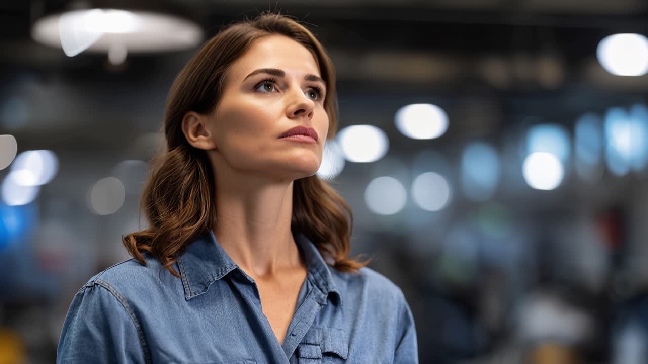 Una donna si concentra su un tablet in un ambiente industriale. Alza lo sguardo, pensierosa e calma. La sua espressione mostra una silenziosa concentrazione. Ideale per ambienti di lavoro, formazione o immagini di affari moderni.