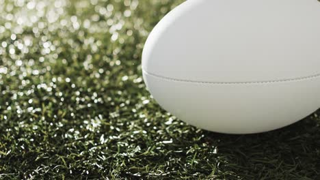 white rugby ball on sunlit grass with copy space, slow motion