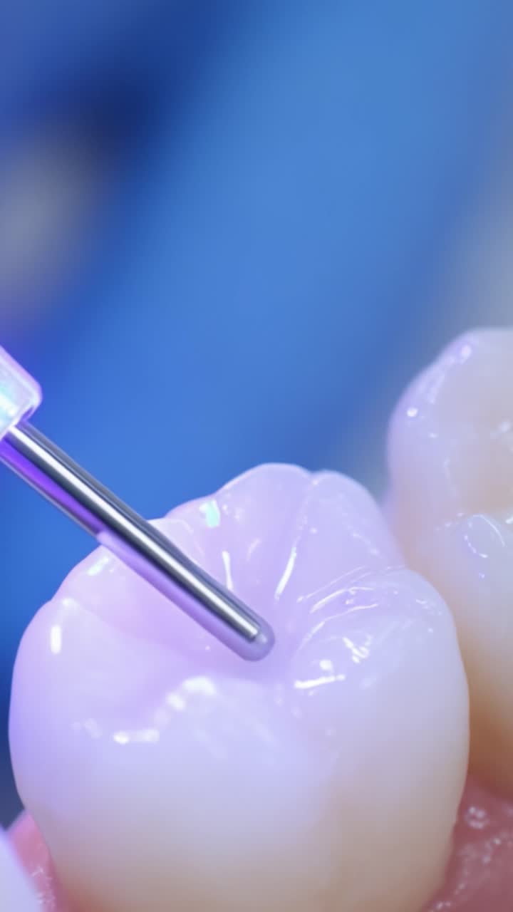 Primo piano di procedura dentale: precisione di strumenti fini applicata sulla superficie lucida di un dente per un restauro ideale nelle moderne pratiche odontoiatriche.