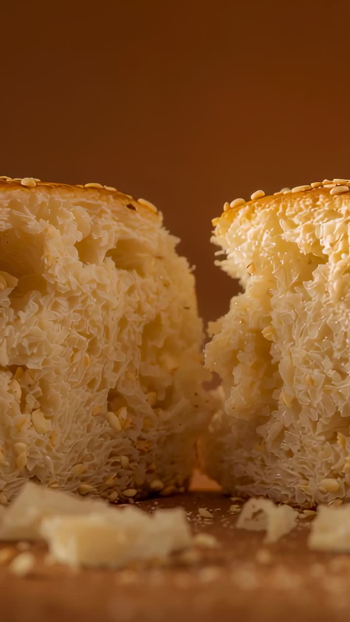 Vertical video: Pulling apart, sesame roll splitting on board, showing airy interior with crumbs