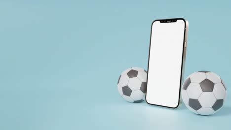 smartphone with white screen descends between two football balls