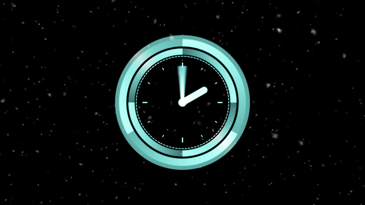 Animation of moving white spots and clock over black background