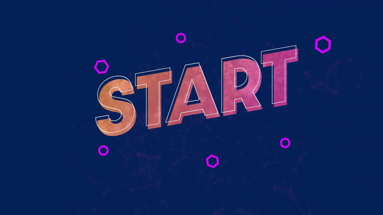 START letters glowing over dark navy background, showing flat design network with magenta shapes