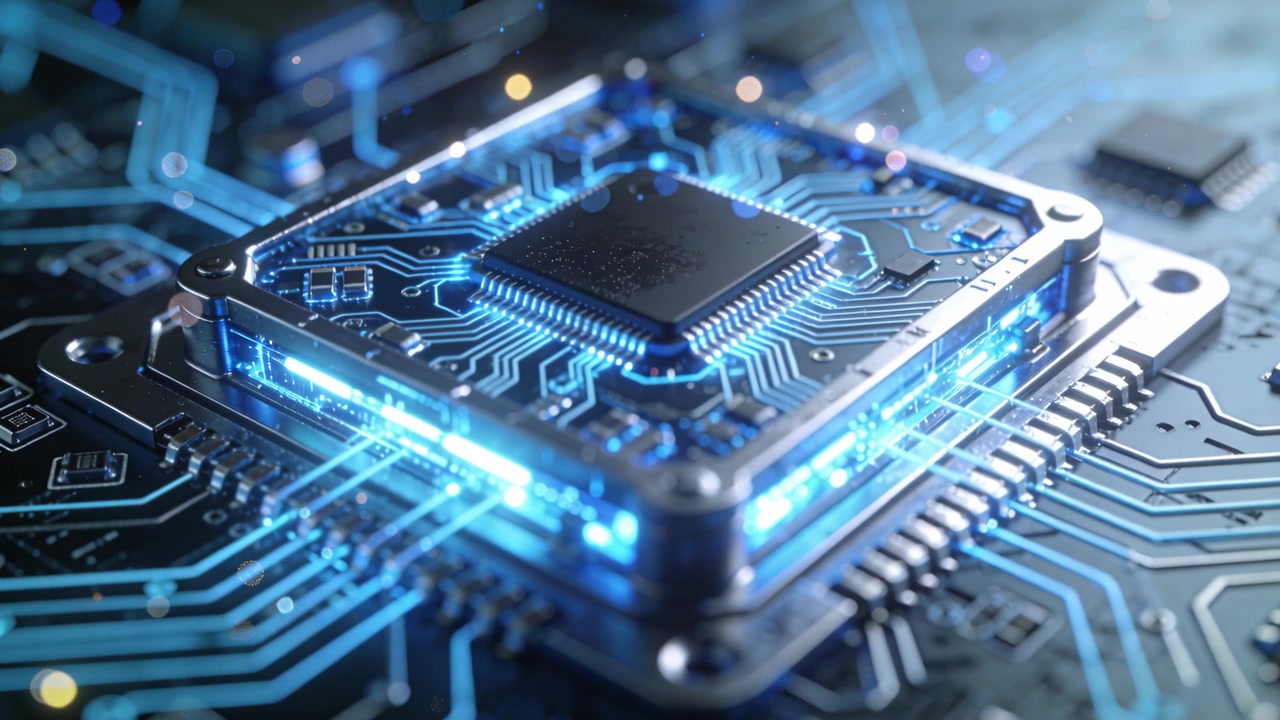 Pacchetto microprocessore quadrato che si accende, inviando luce blu lungo le tracce del PCB e indicando il flusso del segnale.