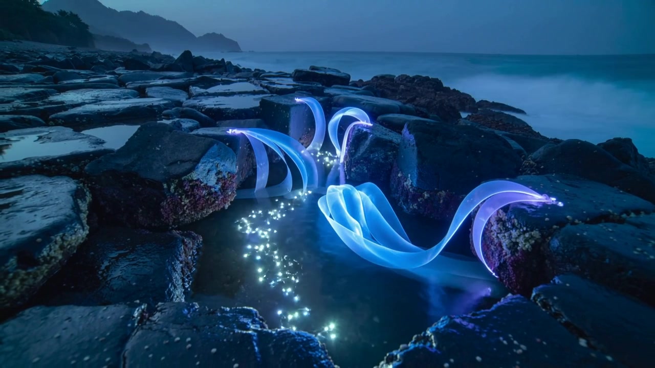 Appearing violet ribbons and sparks curling into tidal pool on rock slabs, lighting wet rock