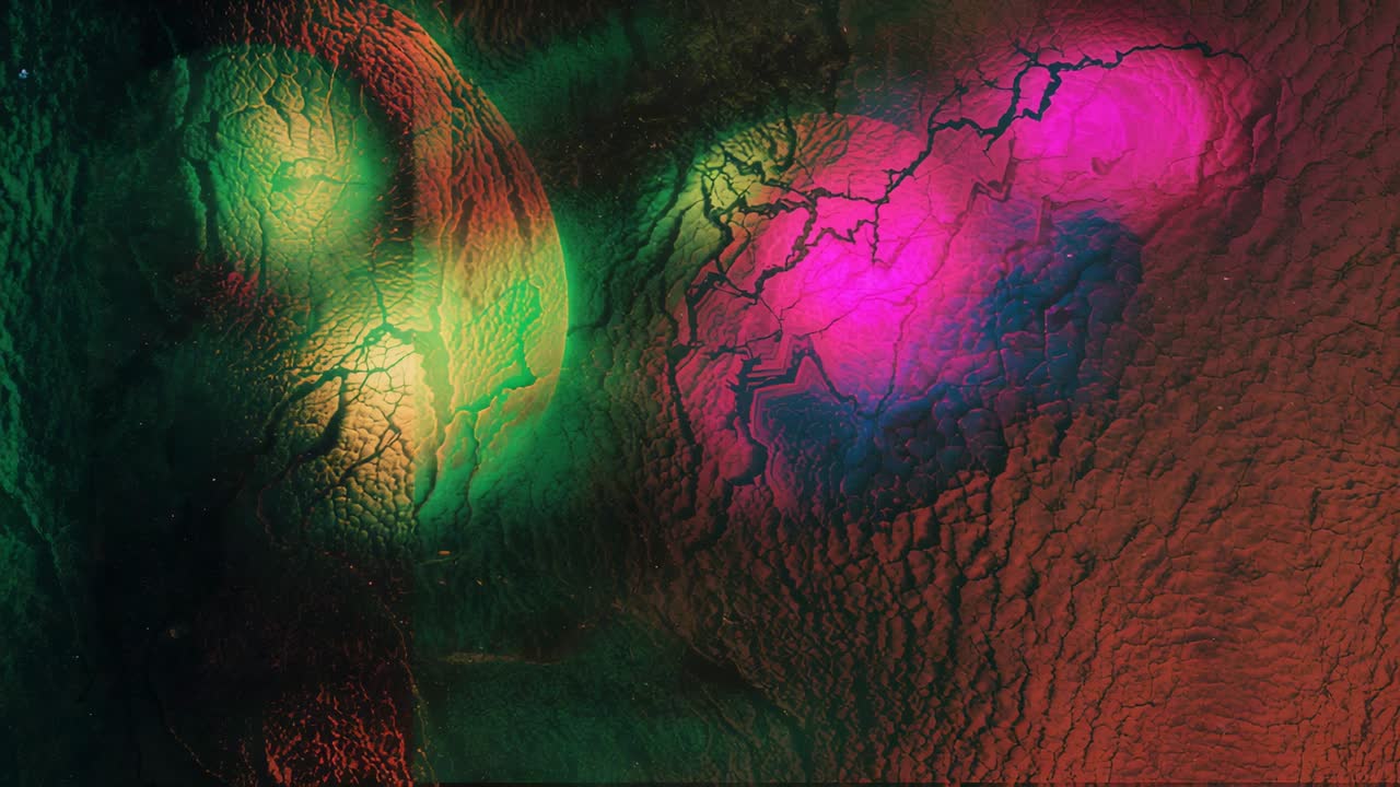 Frames driving magenta cloud brightening, spreading on close-up red ground, left green orb, veins