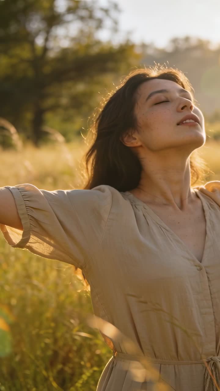 Video vertical: La luz del sol ilumina a una mujer con un vestido beige estirándose en una pradera con césped, con destello de lente.