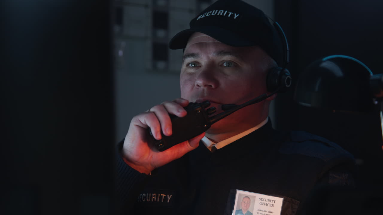 Security Officer Working with Headset and Walkie-Talkie