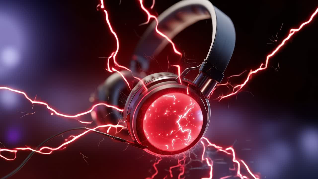 Rode energie knettert rond futuristische koptelefoons. Gloeiende circuits pulseren door de oorschelpen. Een donkere achtergrond benadrukt het elektrische display. Geen menselijke emoties verschijnen in deze scène.