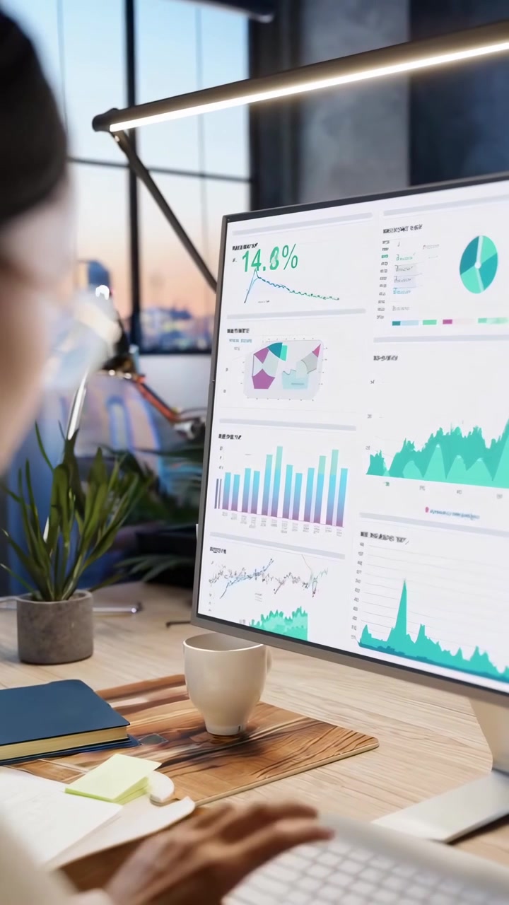 Profesjonell kvinne analyserer forretningsdata på datamaskin i moderne kontor