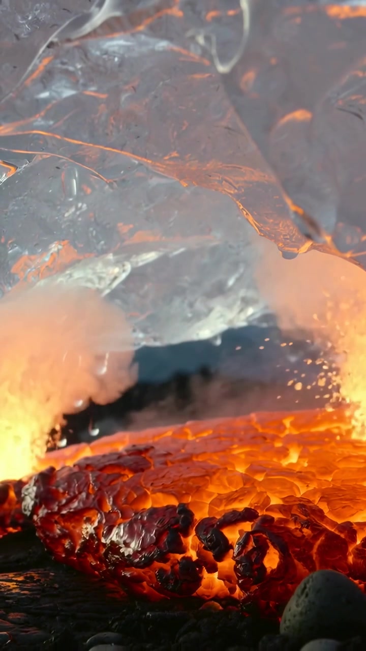 Video verticale: Blocco di ghiaccio che gocciola e si scioglie dal calore della lava sopra un letto fessurato incandescente