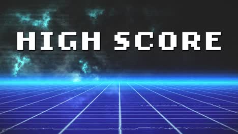 Animation-Des-Highscores-Mit-Weißem-Pixeltext-über-Einem-Beweglichen-Gitter-Mit-Leuchtend-Blauem-Horizont-Und-Blauen-Wolken