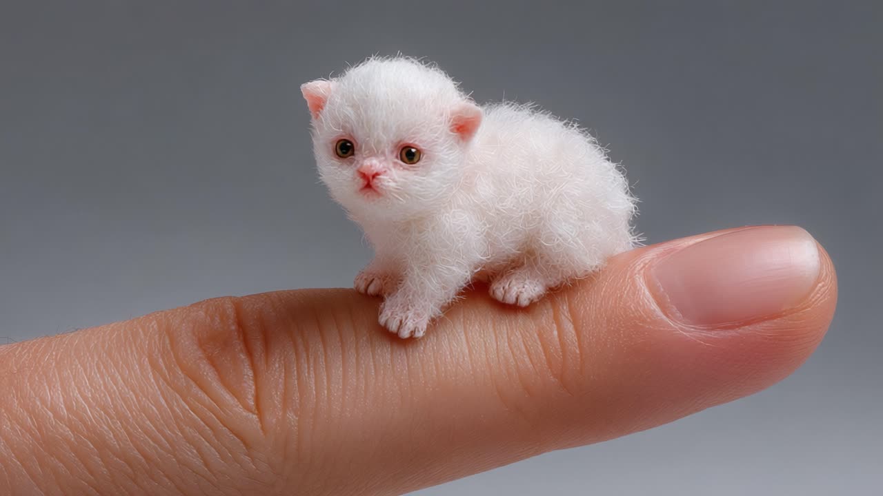 Adorable tiny fluffy kitten perched on a human finger, showcasing its soft fur and delicate features, emphasizing the charm of miniature pets in a whimsical setting